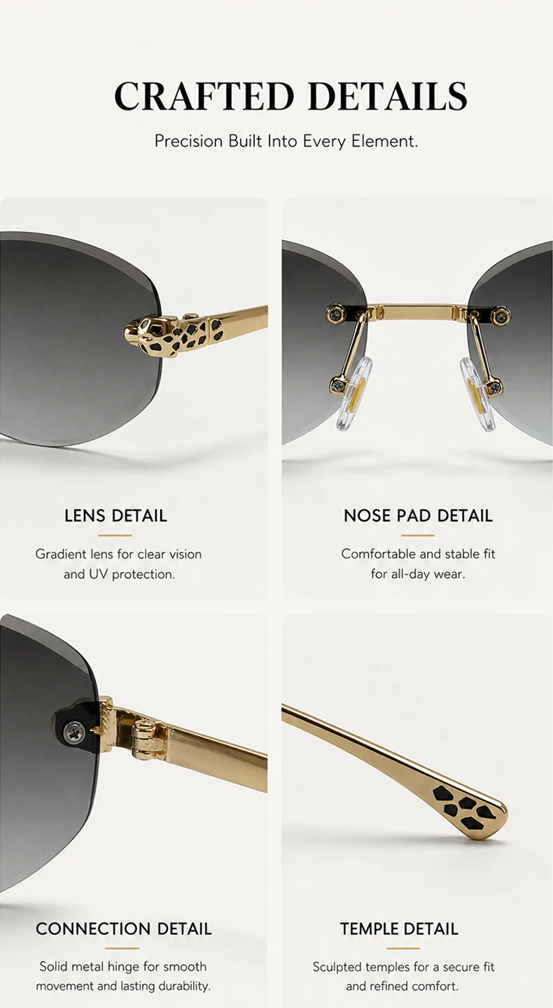 Vintage Sechseckige Randlose Sonnenbrille für Damen 2026 Luxusmarke Trendige Goldene Leopardenkopf Y2K Punk Sonnenbrillen Reise-Eyewear – Detail 6