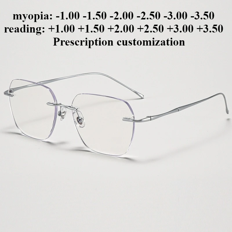 

54 мм ультра-легкие очки без оправы из чистого титана, мужские очки для чтения на заказ, очки для чтения без оправы с защитой от синего света