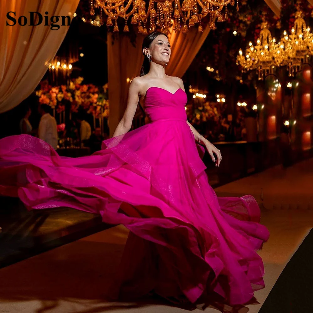 

SoDigne Hot Pink Evening Dresses Sweetheart Glitter Tulle Tiered Prom Gown Formal Occasion Dress vestido de festa noite