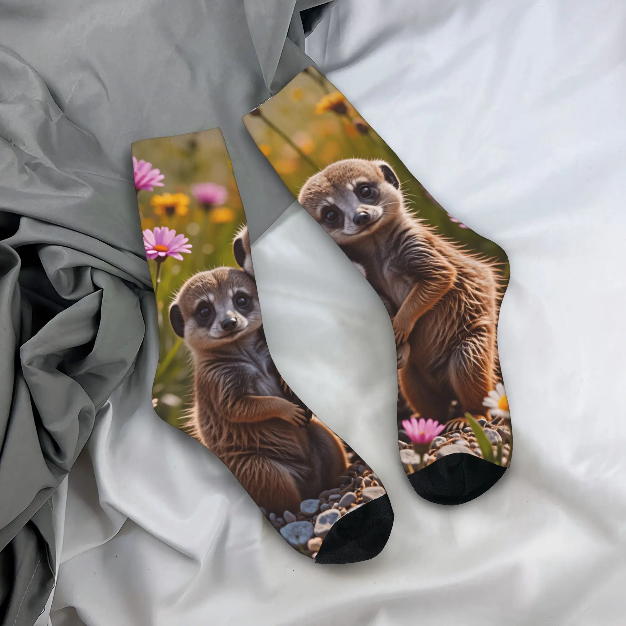 Two Cute Baby Meerkats In Wildflower Field Stockings Adults Men  Socks Warm Soft Gothic Socks Spring Skateboard Anti Sweat Socks