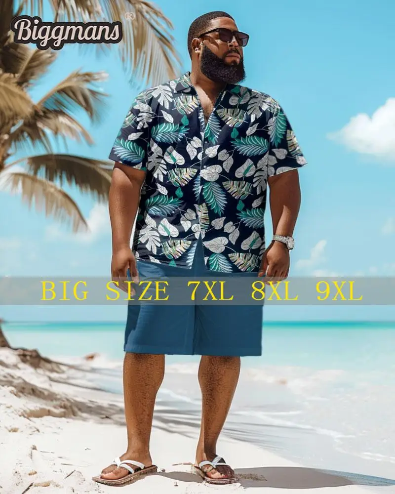 

Biggmans Shirt Plus Size Set L-9Xl for Summer Oversize Hawaii Suit Men's Gradient Coconut Tree Print Large 7XL 8XL