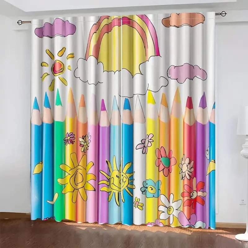 Colorful pencils and sunflowers - pole bag curtains, bedroom and kitchen decoration, home decoration, living room decoration