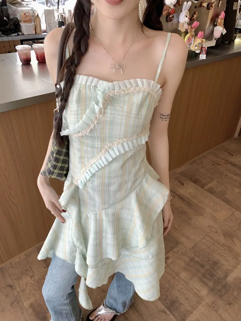 Camisole Dress Irregular Ruffle Green Plaid Spicy Girl Summer Waist Slim Edge Beach Style Vacation A-Line Slip Dress For Women