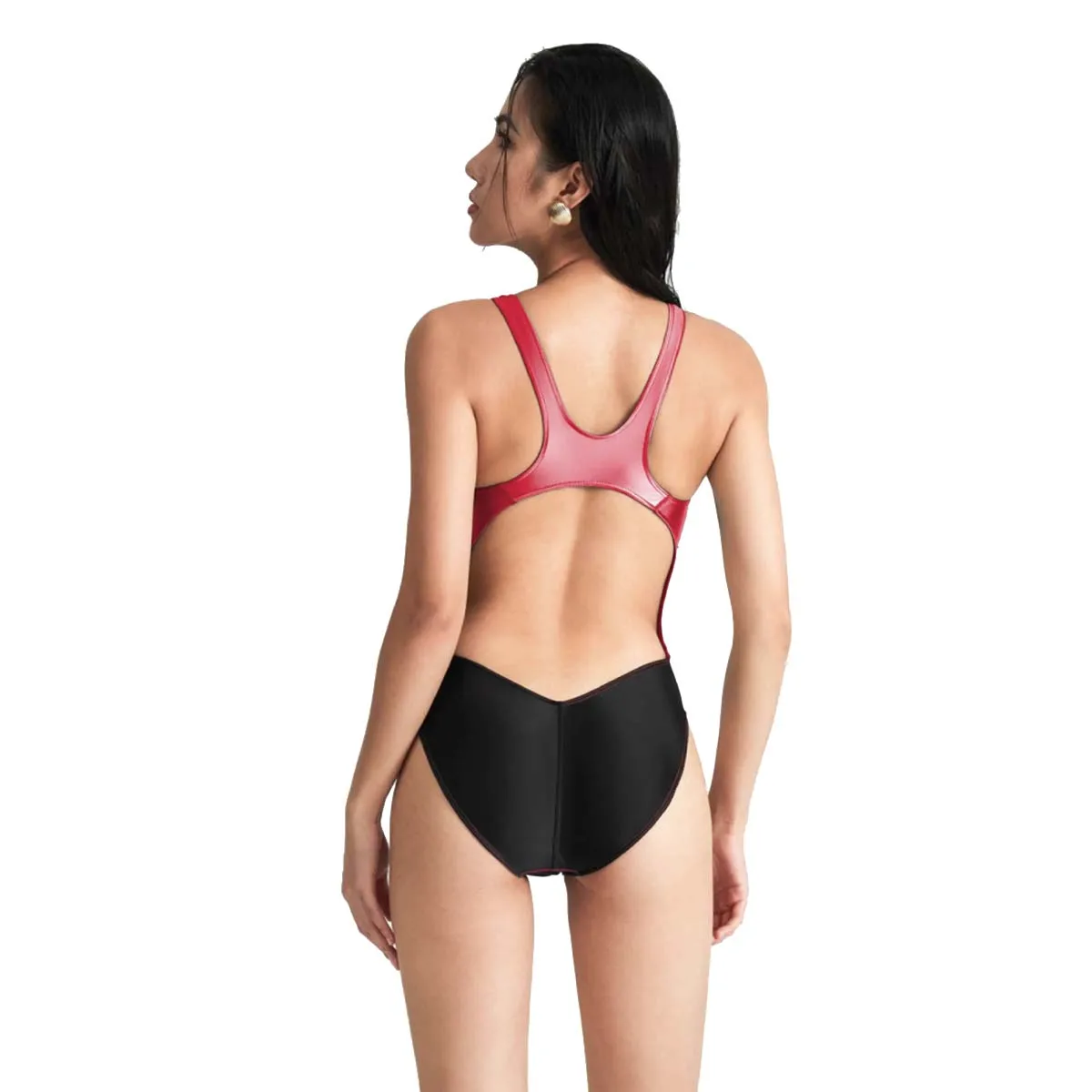 AMORESY Women Glossy Spandex Patchwork High Cut Elastic Sleeveless Backeless Competition Swimwear Bodysuit Leotards Bathing Suit
