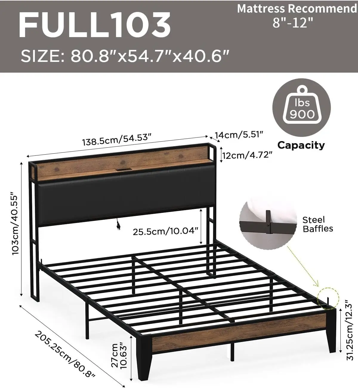 Full size bed frame with storage headboard, easy to assemble, noise free, anti slip design, heavy-duty metal support bed frame