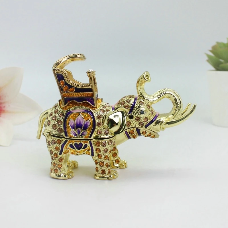 

SHINNYGIFTS Elephant Trinket Box Hand Painted Enamel Hinged Jewelry Box Metal Craft Collectible Figurine for Home Decoration