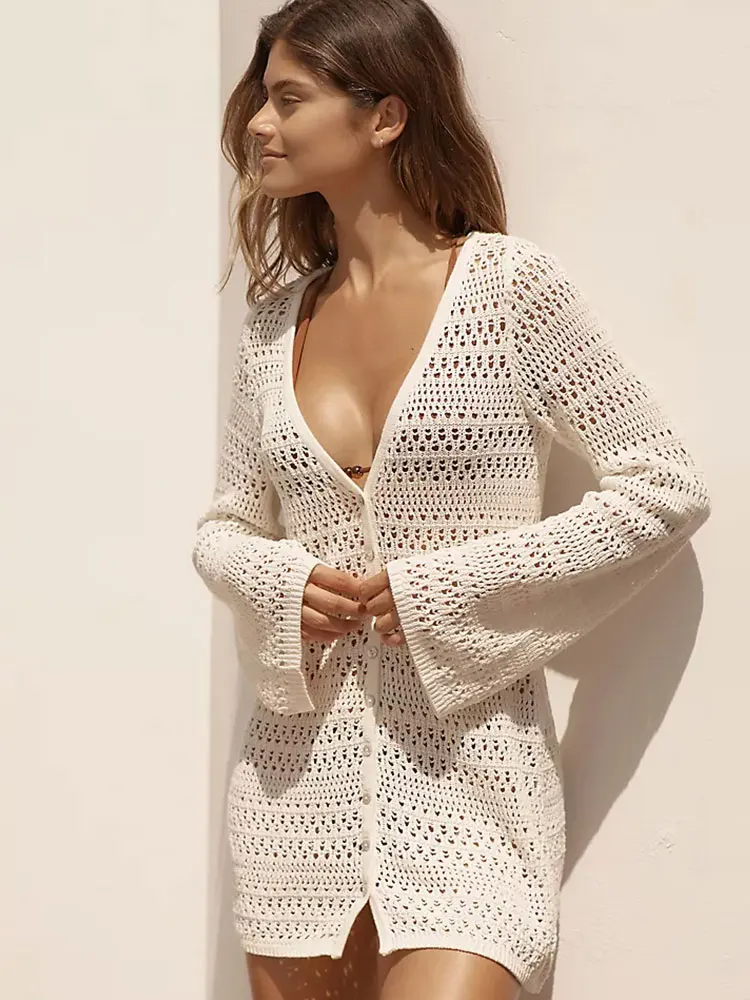 Natural Hollow Out Knit Kimono Front Button Women Cardigan 2025 Long Sleeve Beach Bikini Swimsuit Cover-Up Mini Dress S102