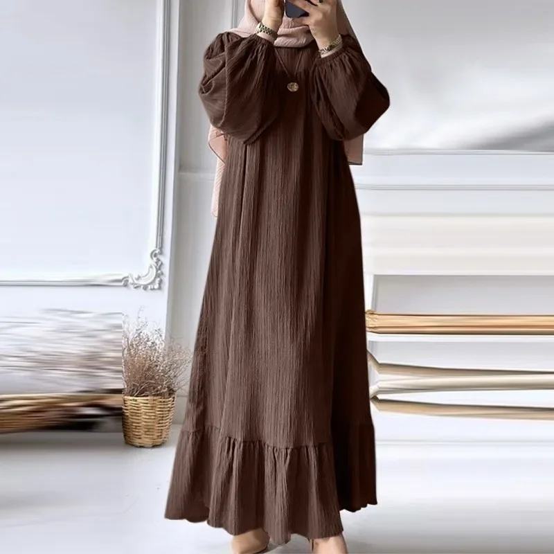 ربيع الخريف أزياء المرأة المسلمة رداء طويل الأكمام الرجعية بلون فستان ماكسي مع تنحنح تكدرت 31