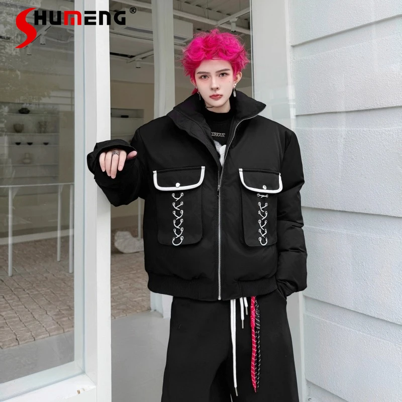 

Мужские зимние новинки 2025, контрастные цвета, топы на шнуровке, утепленные парки с воротником-стойкой, высококачественные пальто с большими карманами и украшением