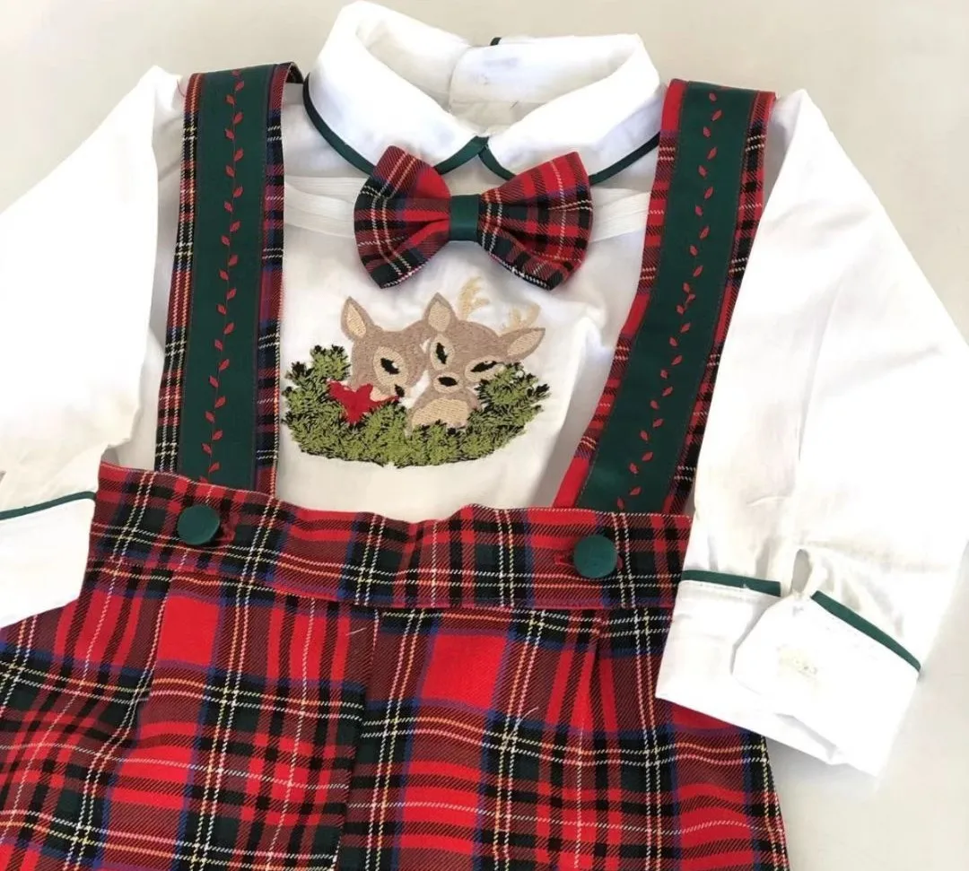 Baby Boy Set Autumn Winter Red Plaid Rompers Deer Embroidery Shirt for Eid Causal