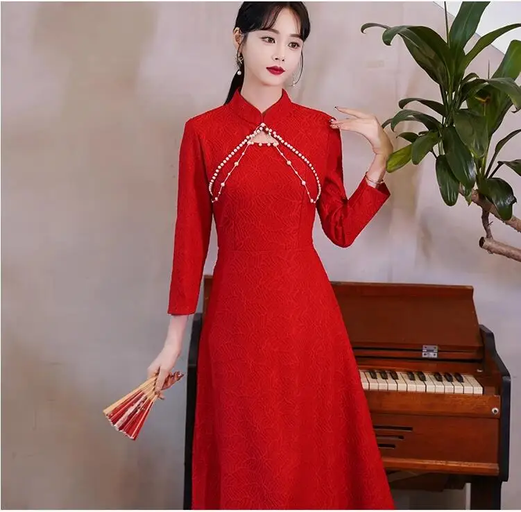 

Qipao Improvement Women's 2024 New Elegant Chinese Style Red Robe Dress