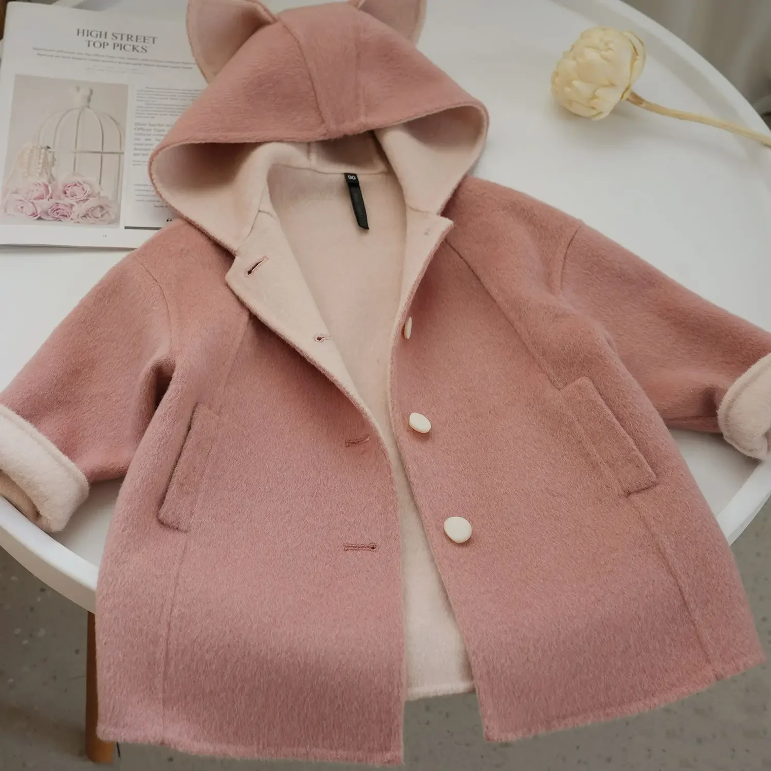 معطف صوفي وردي مزدوج الجوانب للفتيات لخريف وشتاء 2026 معطف صوفي جديد لطيف للأطفال متوسط الطول #1
