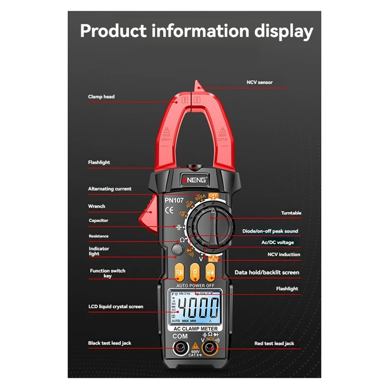 ANENG PN107 الرقمية المشبك متر التيار المتناوب/تيار مستمر الجهد صحيح RMS المتعدد 600A اختبار التيار NCV التعريفي أومر أدوات الأسود والأصفر