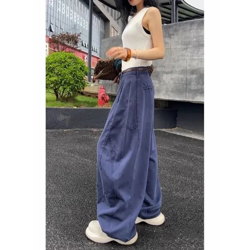 Women's Blue Oversized Barrel Leg Jeans High Waisted Wide Leg Denim Pants with Belt Vintage Streetwear