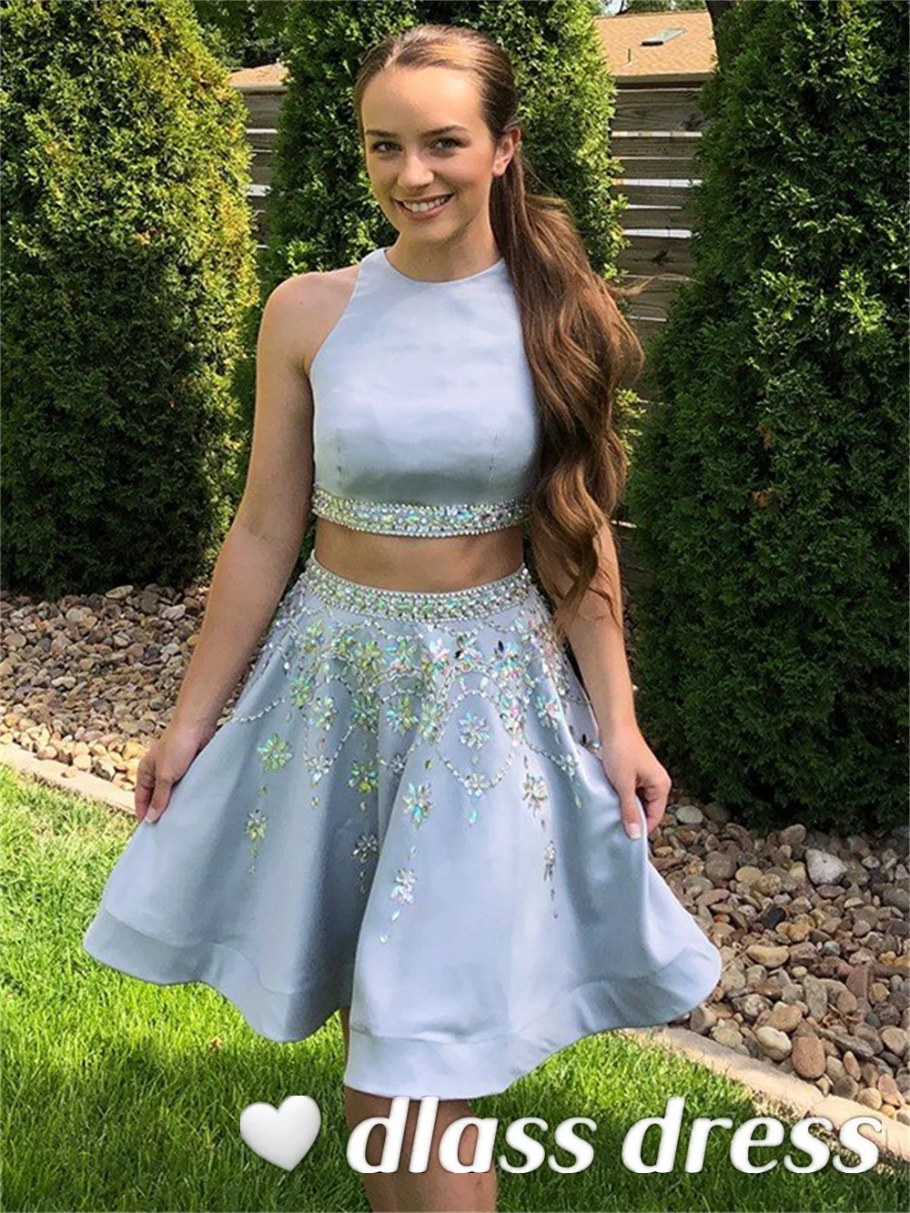 2022 New A-Line Two Piece Homecoming Dress Sleeveless Beading Princess Short Satin Party Vestidos De 15 Años فساتين حفلات التخرج