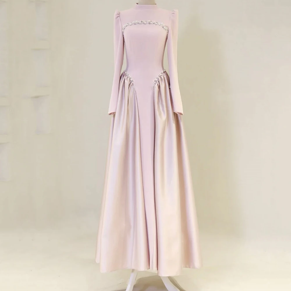 

Customized A-line Evening Dresses Floor-length High-neck Full Sleeve Prom Gown Fashion Beading Crystal Simple Draped Party Gown