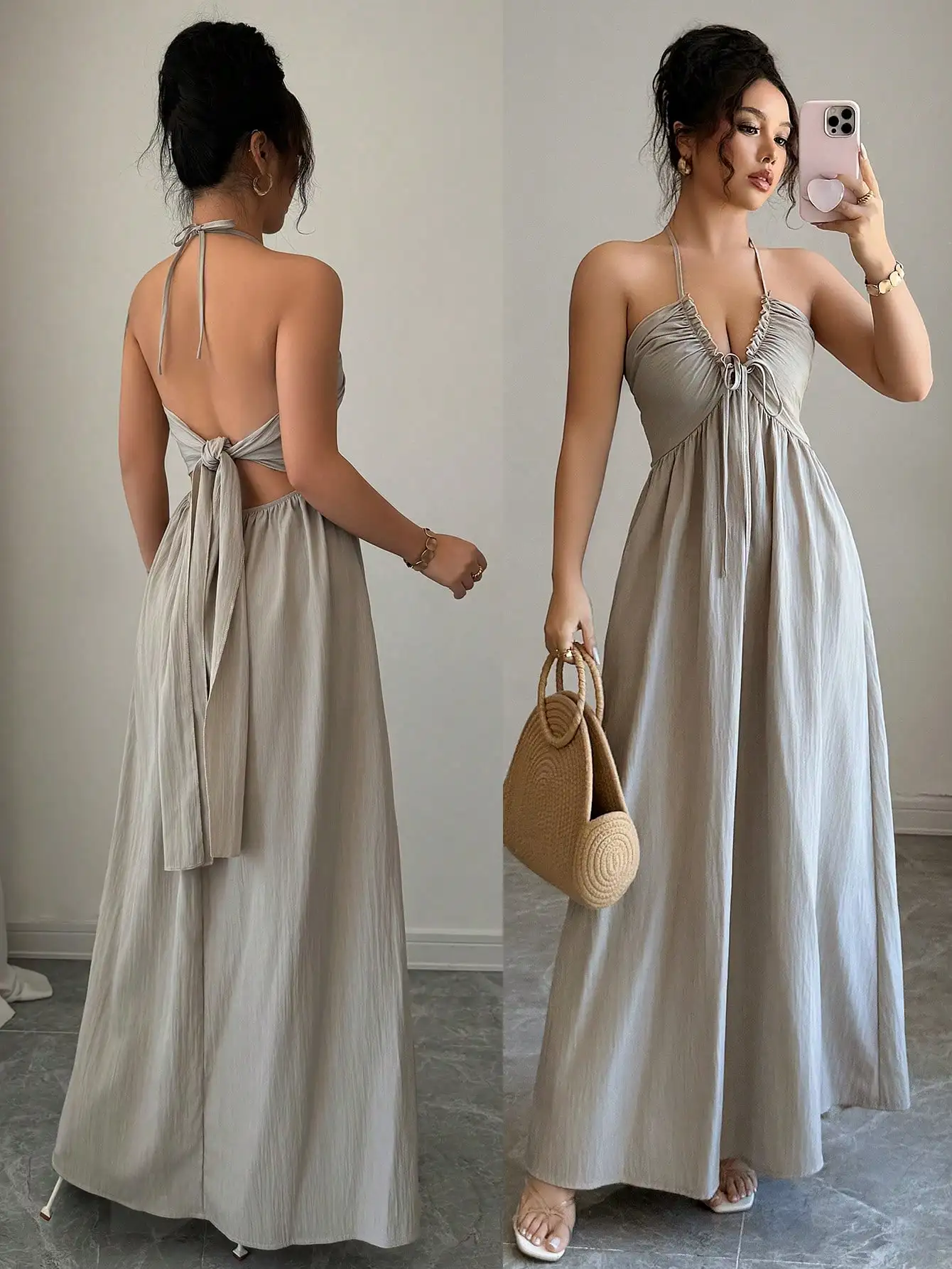 

Backless Halter Neck Maxi Dress with Adjustable Tie Detail