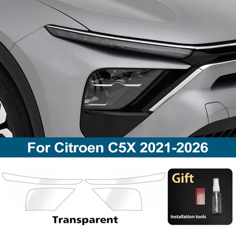 Для Citroen C5X 2021-2026: Дымчато-черная глянцевая предварительно вырезанная защитная пленка из ТПУ для фар автомобиля, антицарапийная виниловая пленка-покрытие (комплект)