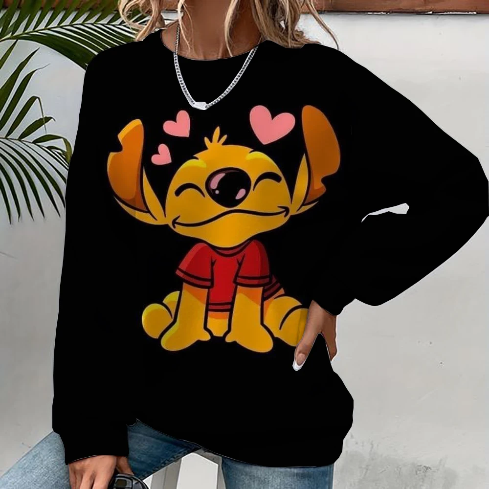 Sweatshirt motif Disney Stitch wanita, pullover leher bulat musim semi dan musim gugur, pakaian pas longgar Korea, Harajuku retro