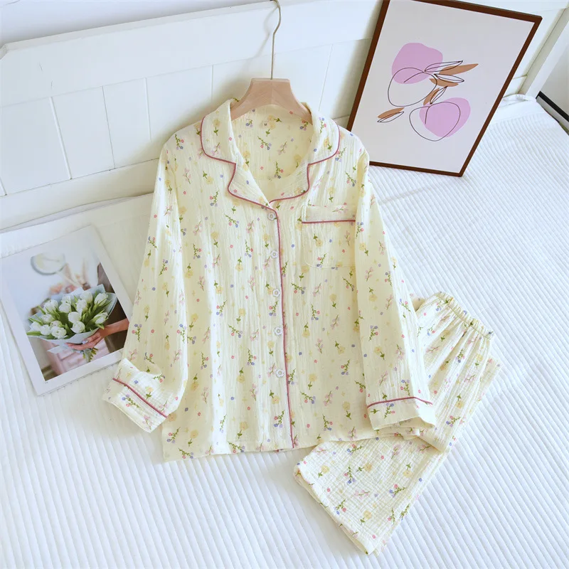 Autumn Cotton Crepe Women\'s Pajamas Casual Soft Loose Sleepwear Long Sleeve Pants Pajama Sets Wedding Night Clothes 2-piece Set