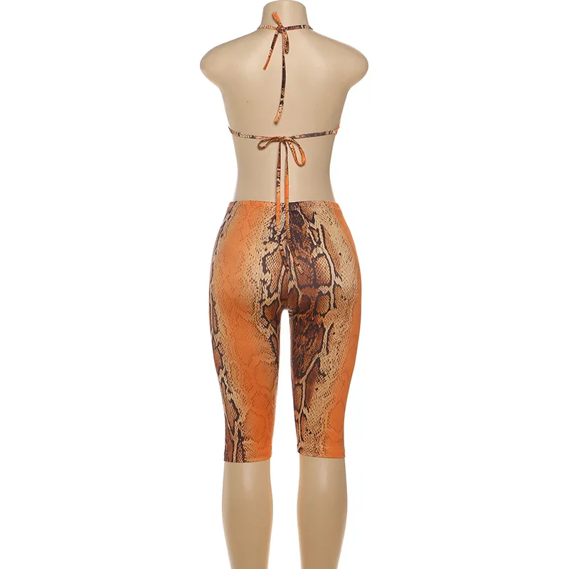 Serpentine Print Damen Sexy 2-teiliges Set Schnürhalter Rückenfreie Weste Crop Tops + Knielange Hosen Nachtclubwear Schlanke Anzüge