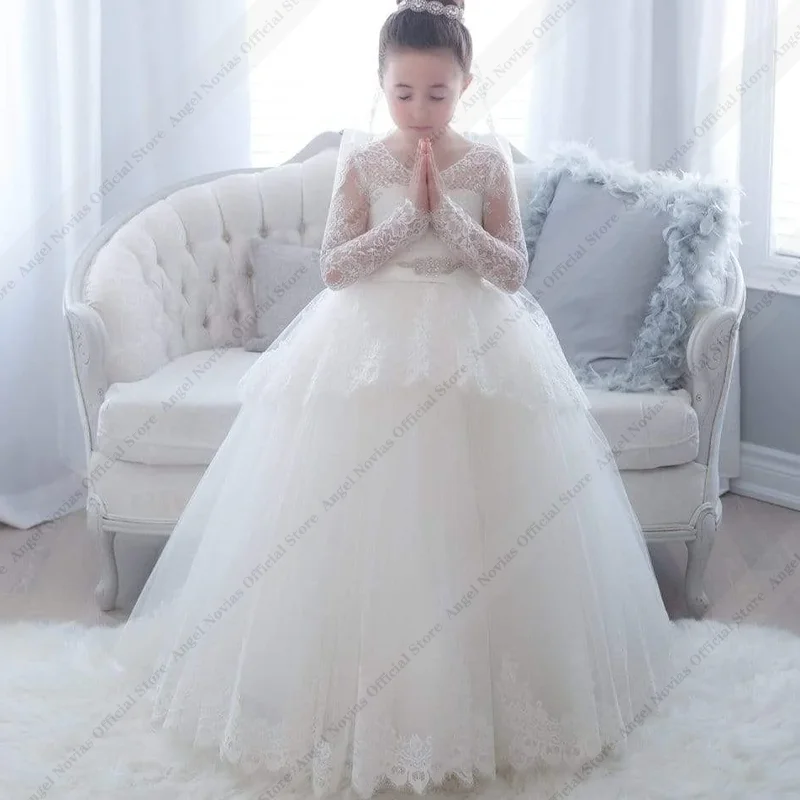 Vestido de Niña para Damas de Honor, Manga Larga, Blanco, con Cinturón, Largo hasta el Suelo, con Encaje, para Primera Comunión, Vestido de Fiesta