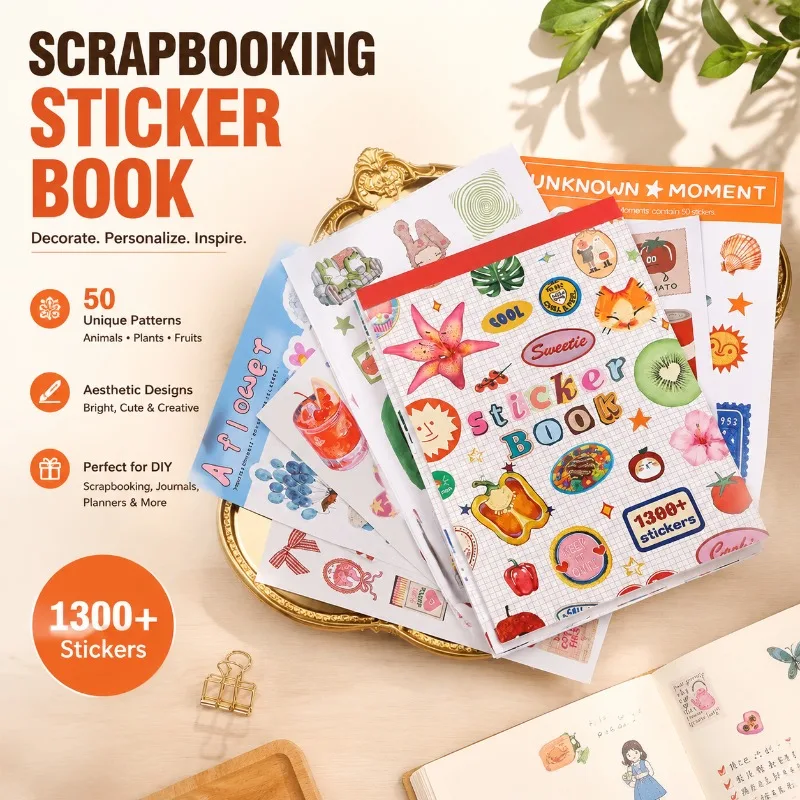 Scrapbooking Sticker Book, 50 Different Patterns Animals Plants Fruits, Aesthetic Material for DIY Craft Planner