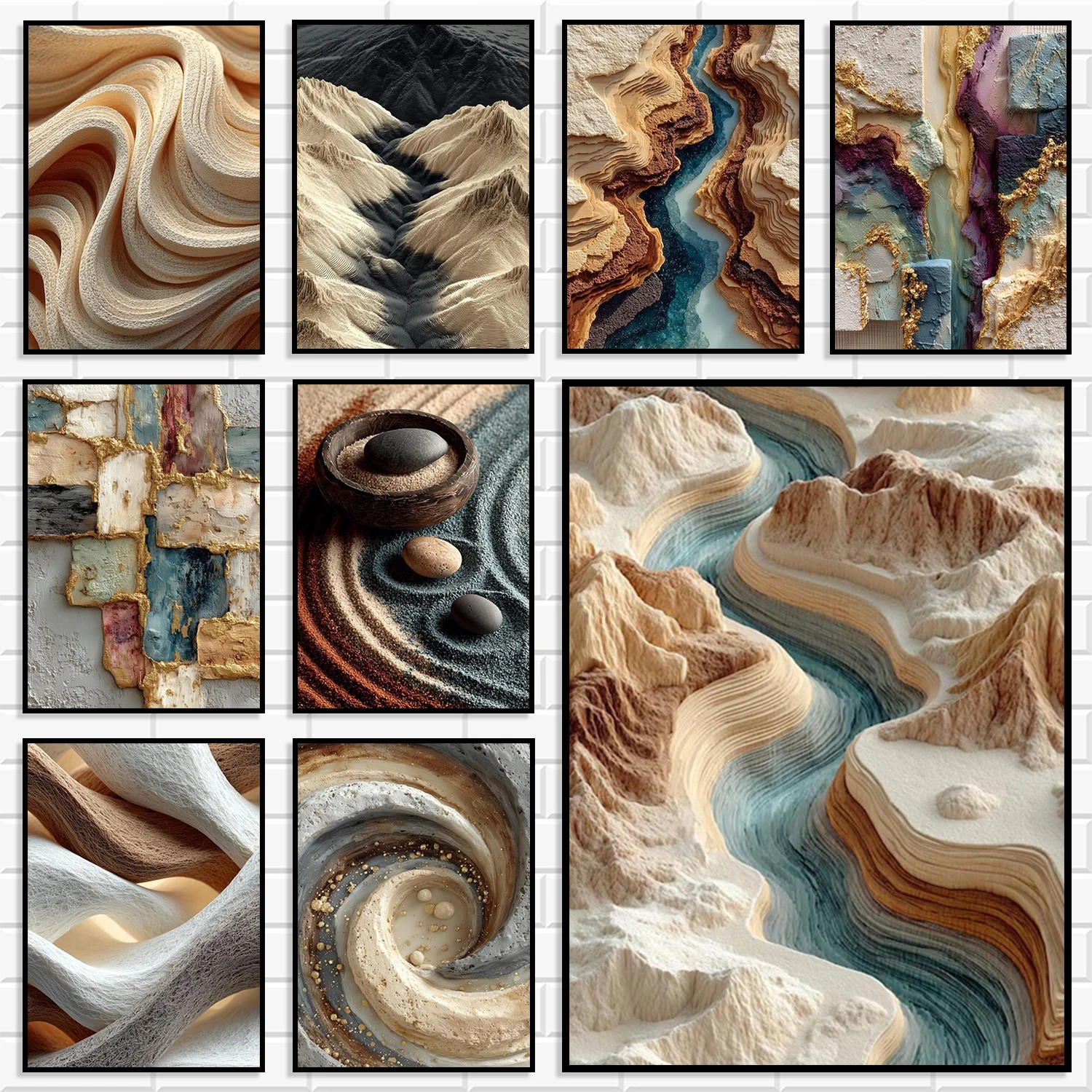 Neutral Canvas Prints Mountain River Canyon Abstract Wave Rock Gold Foil Zen Stone Wabi Sabi Minimalist Nordic Home Decor Poster