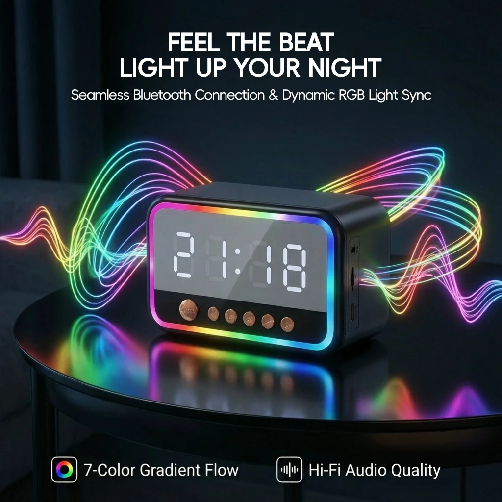 4K HD Mini WiFi6 Camera with RGB Colourful Bluetooth Speaker Home Alarm Clock Security Cameras Audio/Video Recorder FM Radio