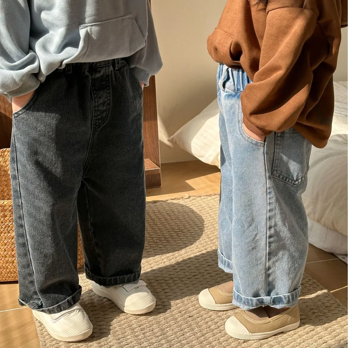 8701-1  Children's Denim Pants 2024 Spring Autumn New Girls' Wide-leg Pants 1-10Year Boy's Jeans Casual