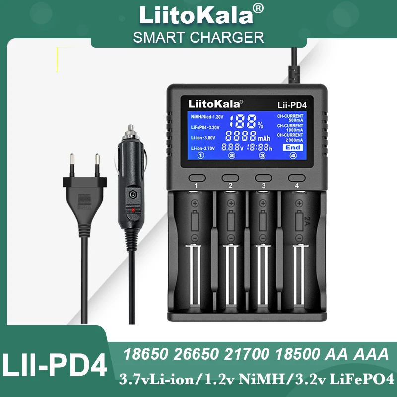 Hot LiitoKala Lii-PD4 LII-PD2 Smart Battery Charger for 3.7v Li-ion 3.2v LiFePO4 18650 26650 21700 18500 18350 1.2v NiMH AA AAA