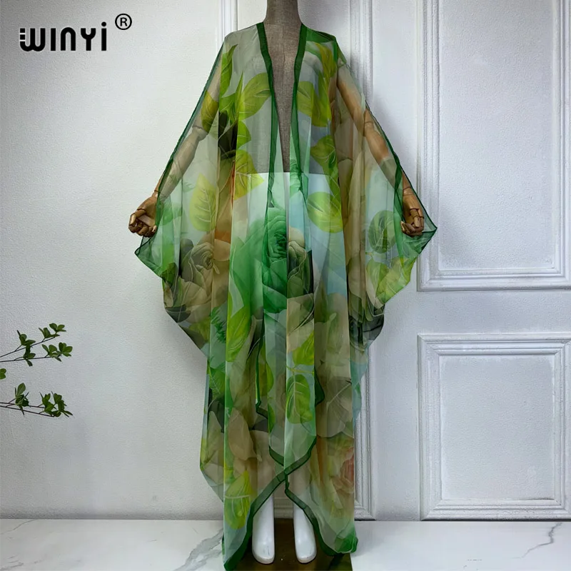 WINYI boho print kimono Bikini Cover-ups Elegant dress Perspective sexy loose Holiday beach outfits for women free size Cardigan