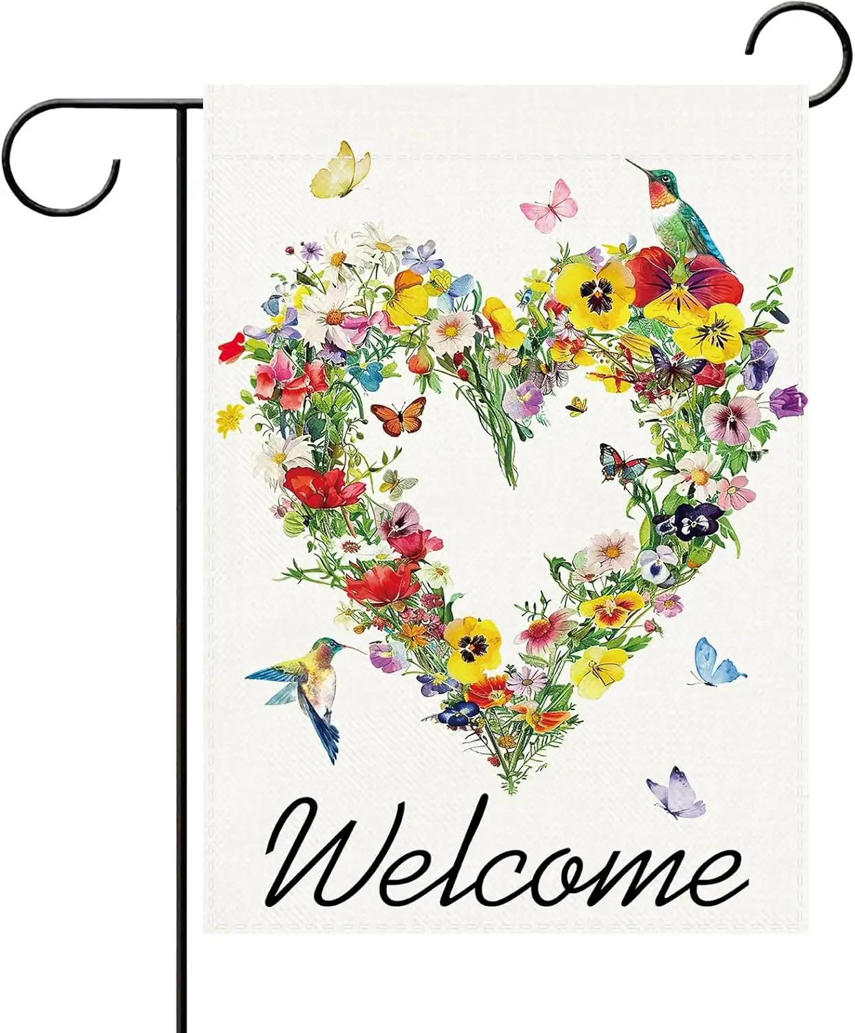 Terkki Welcome Spring Summer Floral Heart Decorative Garden Flag, Colorful Flower Hummingbird Butterfly Small Yard Outside D IIC