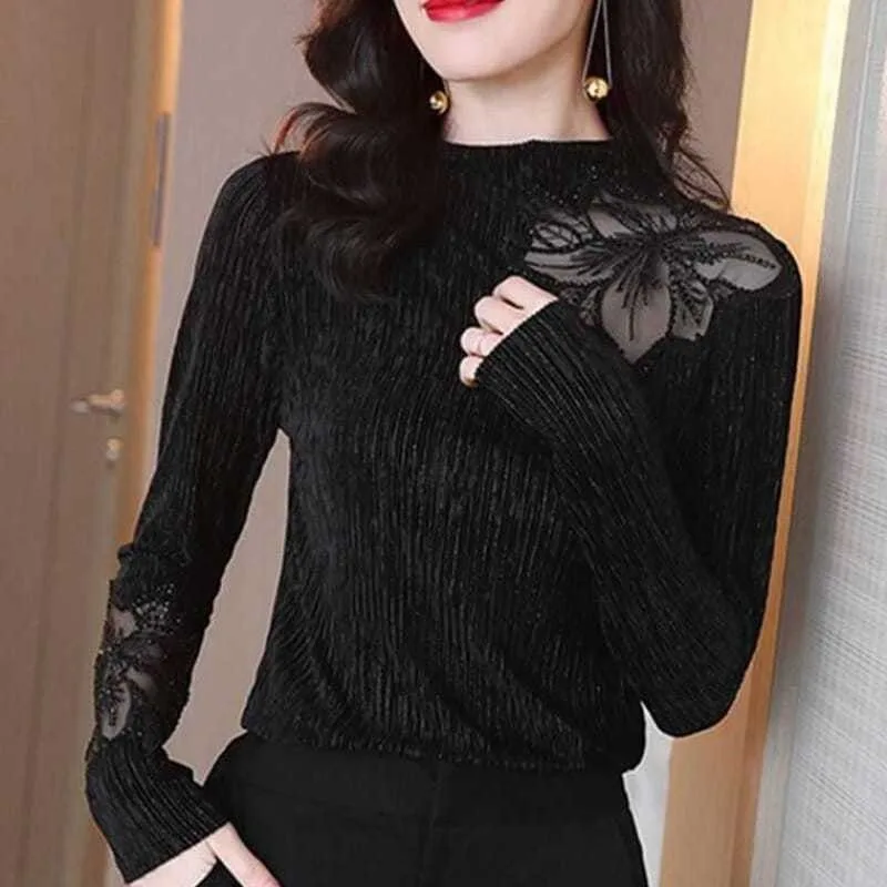 Women Autumn and Winter Fashion New Half-turtleneck Bottom Shirt Solid Color Embroidery Splicing Warm Versatile Long-sleeved Top