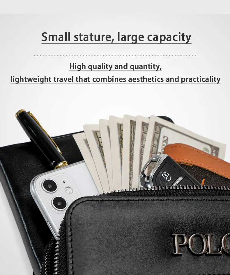

POLC Business Men's Crossbody Bag Long Zipper Shoulder Bag Large Capacity Wallet Casual Backpack Hanging Bag