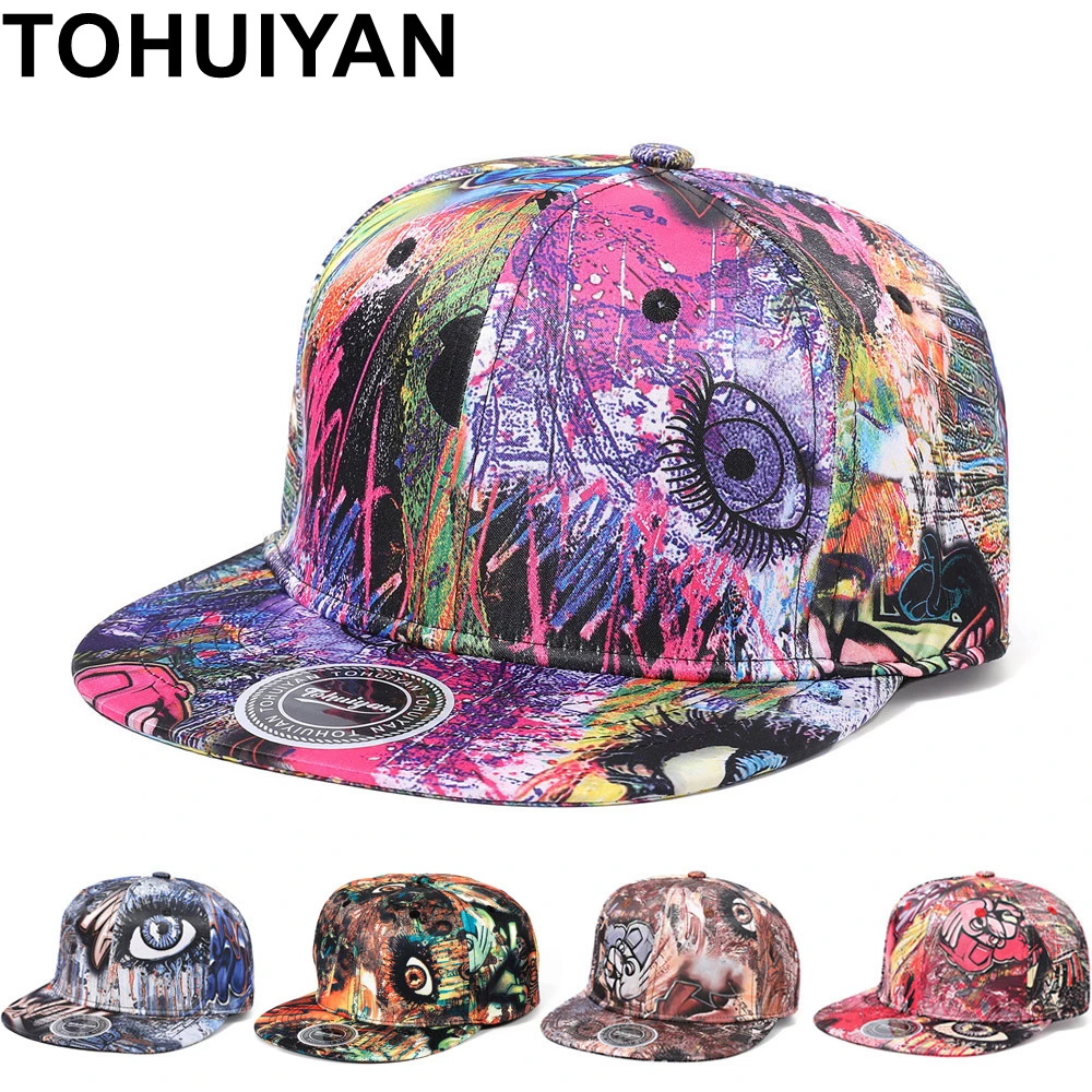 TOHUIYAN Graffiti-Druck Baseballkappe Herren Bones Snapback Hut Damen Flacher Schirm Hip-Hop Caps Streetwear Sonnenhüte Zufälliges Muster
