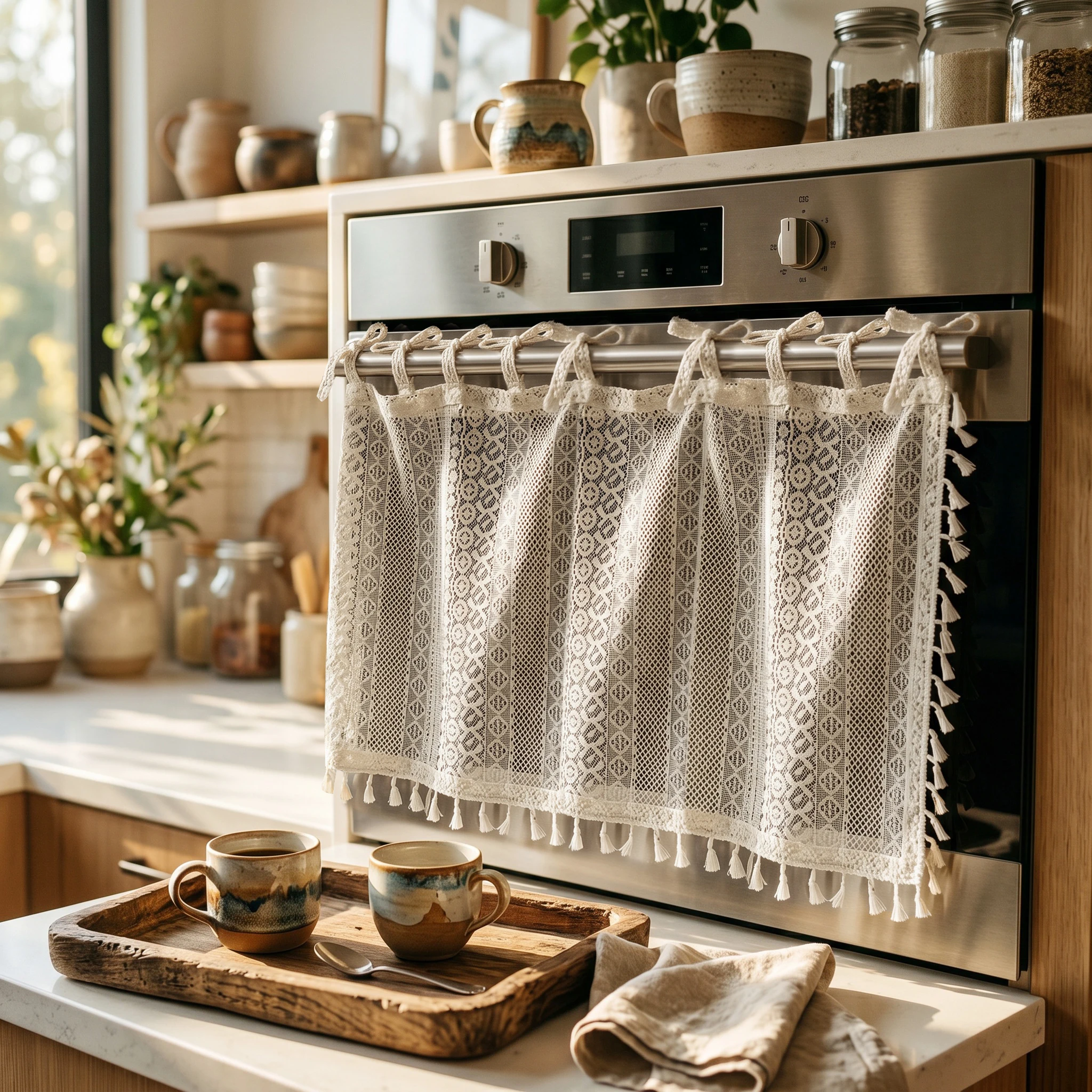 Vintage Farmhouse Beige Lace Tassel Half Curtain Knotted Tie Top Small Window Curtain Rustic Kitchen Oven Door Cover Curtain
