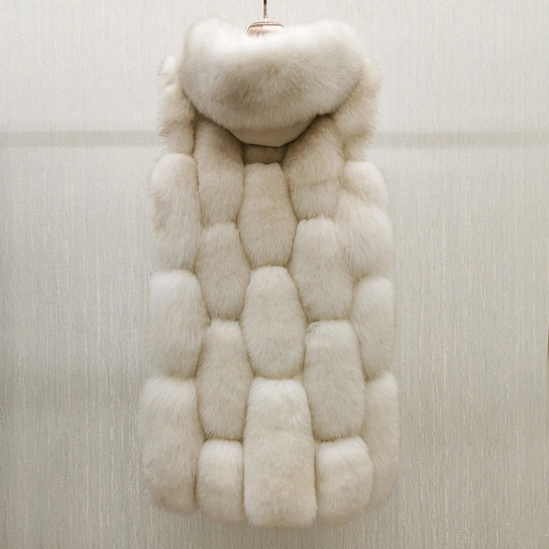 Hochwertige Luxus Frauen Echtpelz Mantel Winter jacke lange Natur fuchs Pelz Weste Echt Schaffell Leder Kapuze dicken warmen Mantel – Detail 5