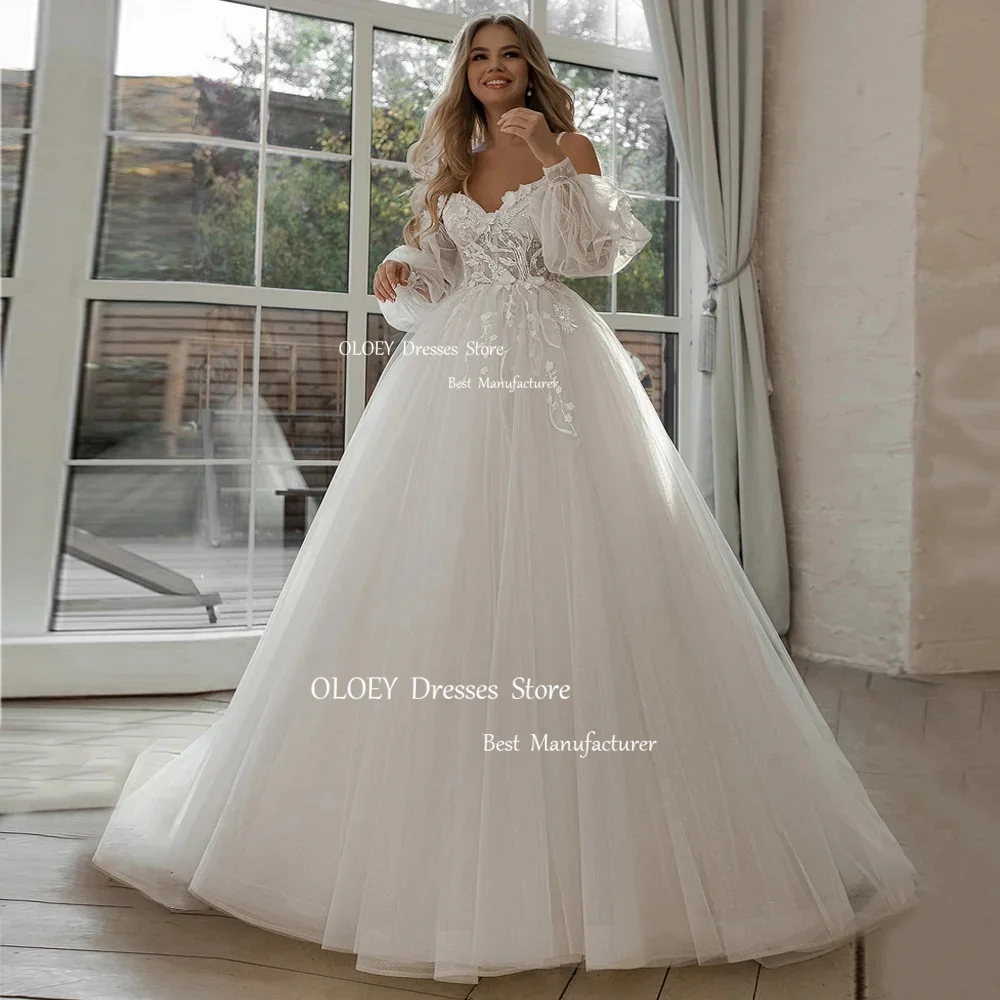 OLOEY Glitter Wedding Dresses Puff Sleeves Appliques Lace 3D Flowers off Shoulder Tulle Boho Bride Gown 2024 Vestidos De Novia