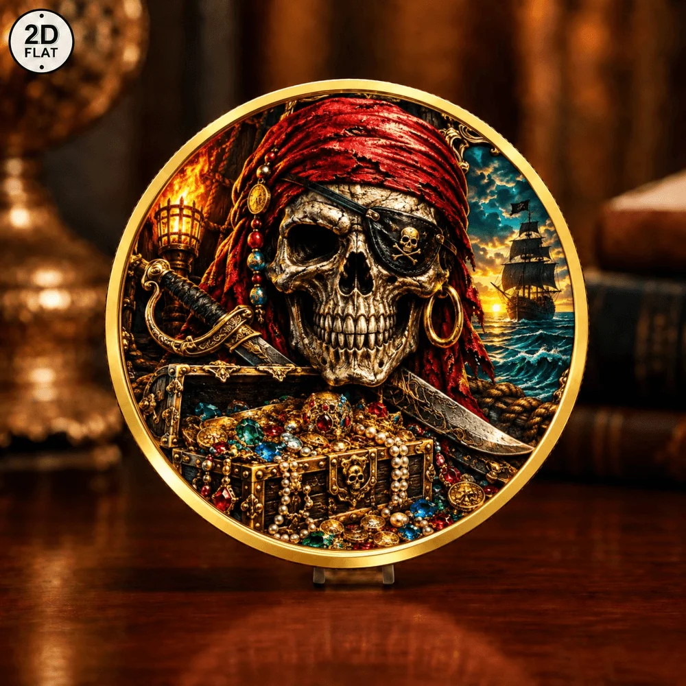 1pc Pirate Skull Treasure Map Metal Challenge Coin UV Print Compass Treasure Chest Commemorative Token Gifts for Pirate Fans