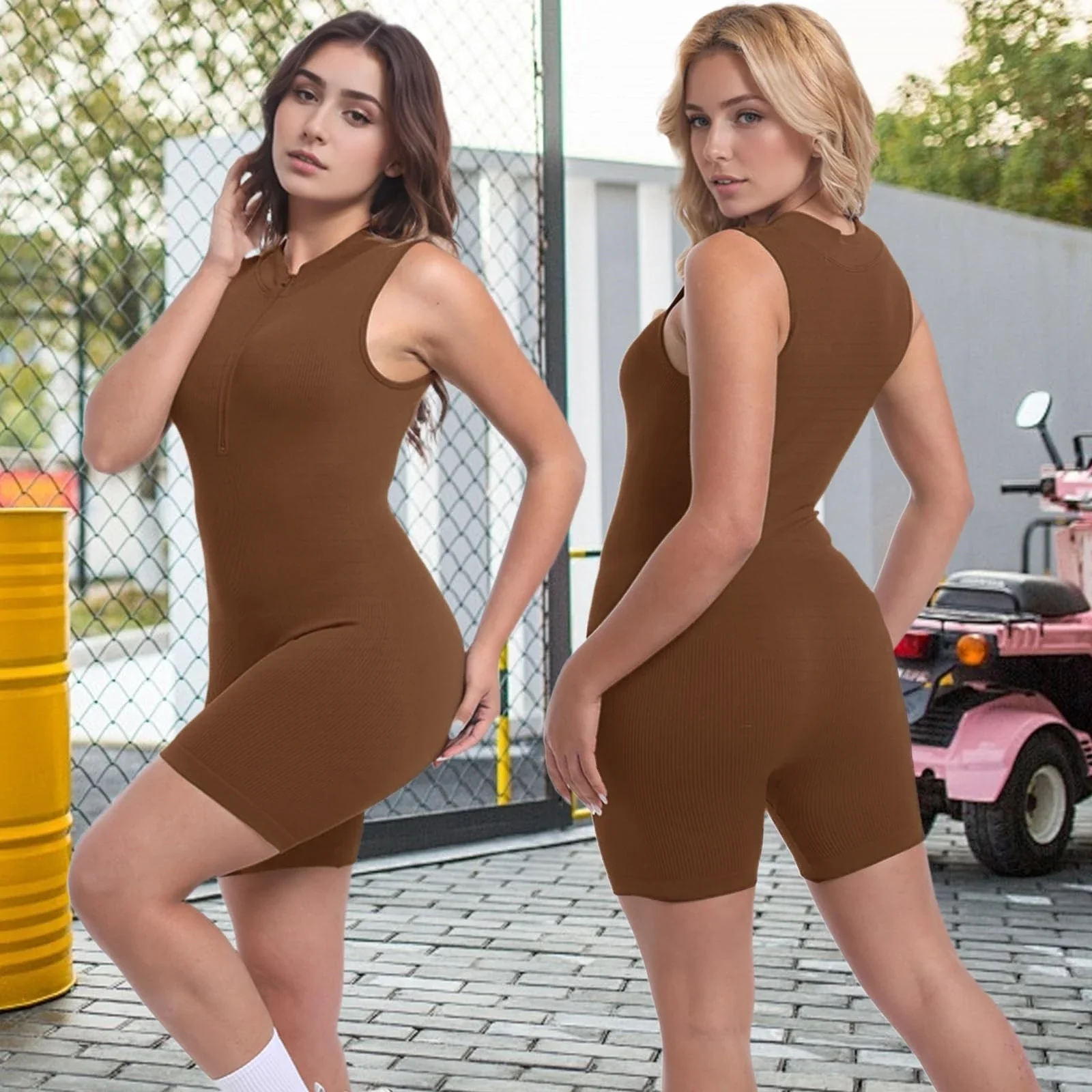 

European American Summer Seamless Zipper One-piece Fitness Suit Pullover One-piece Yoga One-piece Peach Hip Jumpsuit for Women