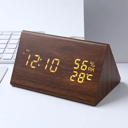 Modern Triangle Wooden Desk Clock Automatic Automatic Positive Time German Radio Wave Clock for Bedroom, Bedside, Desk, Kids
