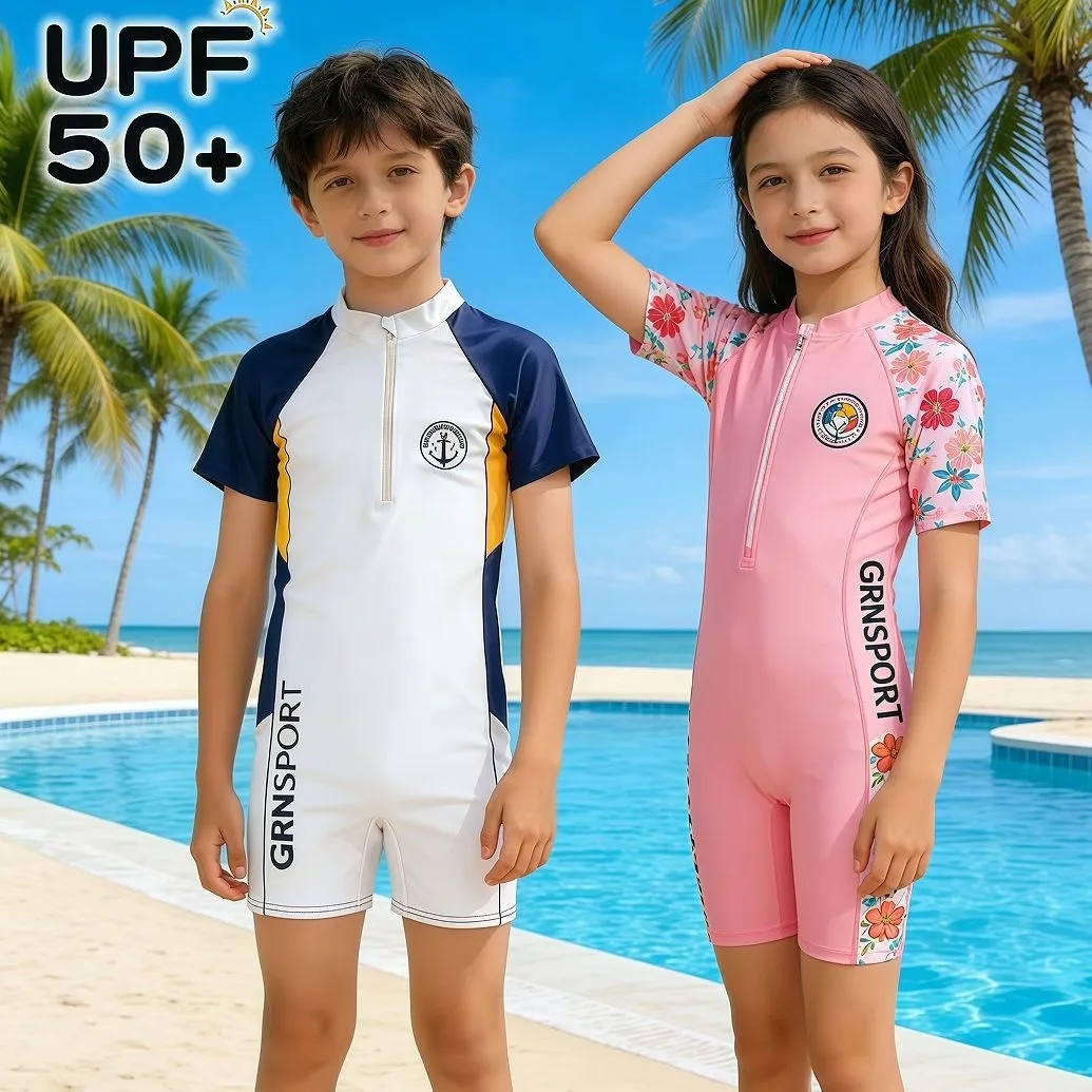 

European Style Children's One-piece Swimsuit Short-sleeved Boys' Summer Anti-uv Quick-drying Kids Seaside Vacation Surfing Suit