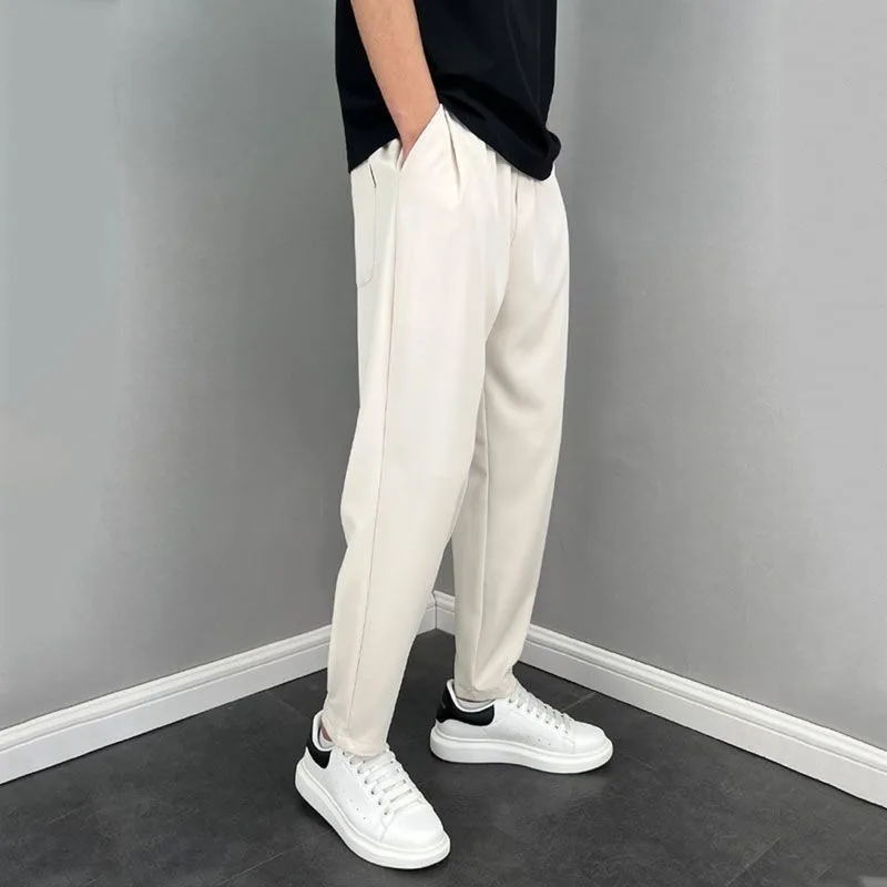 

Ice Silk Drooping Men's Elastic High Waist Pocket Loose Small Feet Nine-point Handsome Casual Solid Color Harem Pants