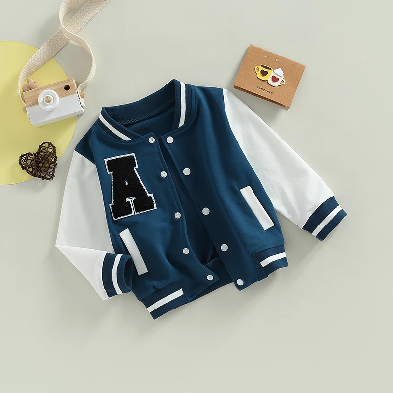 Unisex Varsity-jassen voor kinderen, baby's, alfabetprint, kleurblok, lange mouwen, button-up jas, herfst-winter bovenkleding, jas