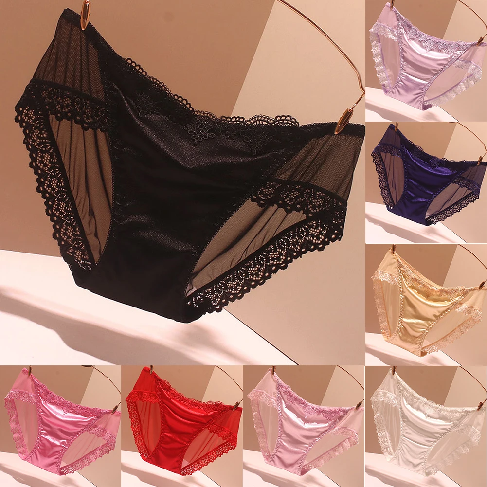 Women Satin Silky Knickers Breathable Sexy Traceless Brief Underwear Lace Transparent Panties Seamless Female Briefs Boxers