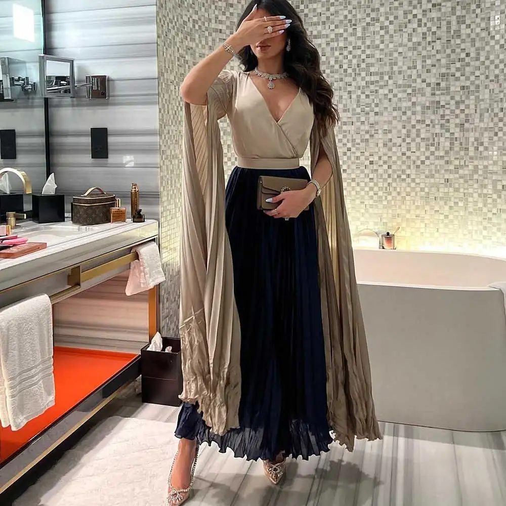 

Chiffon Patchwork Dubai Prom Dress V-Neck Flare Long Sleeved Pleated Saudi Arabian Women's Elegant Sheath Evening Party Gown