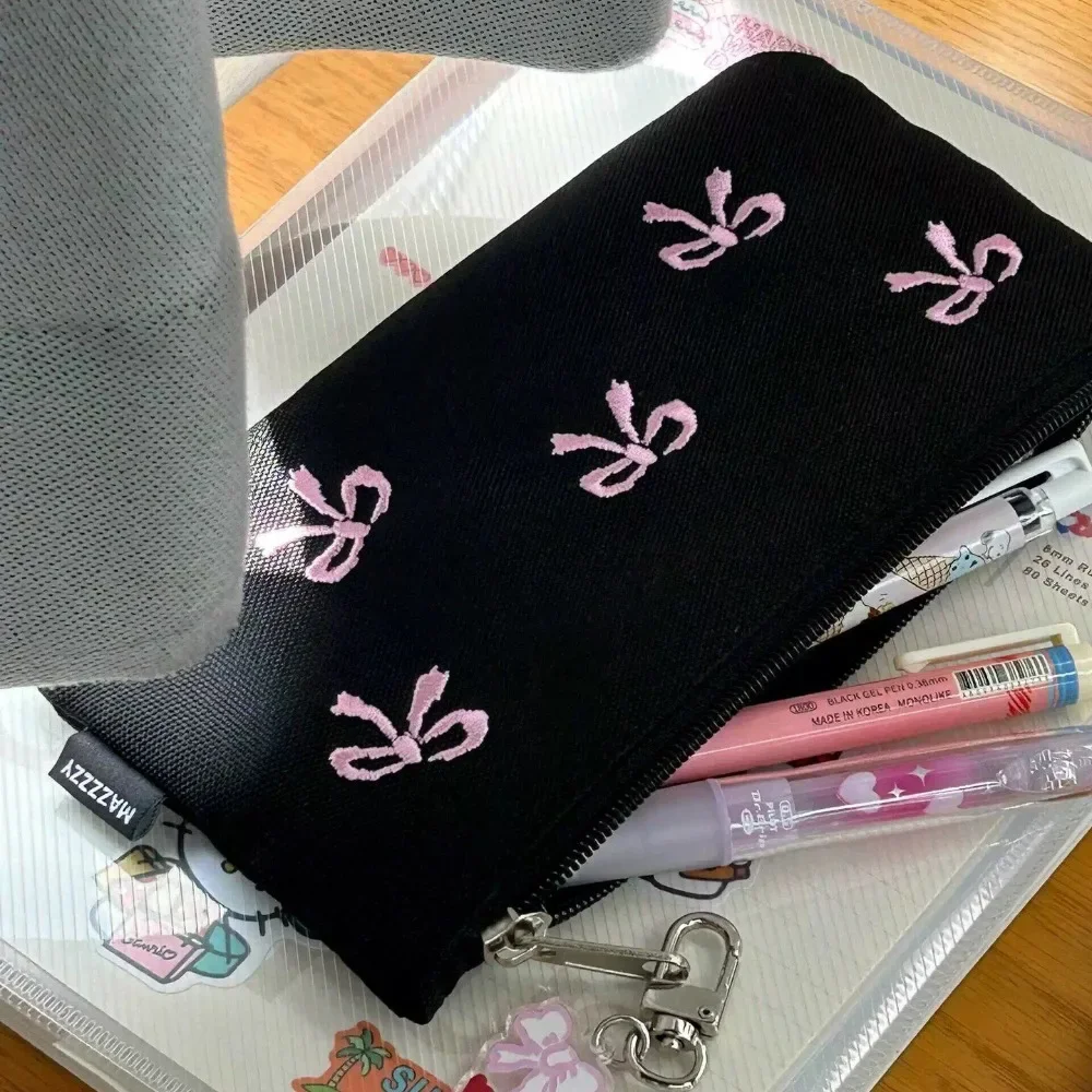 1PC  Black Canvas Pen Bags Girl Heart Embroidered Bow Pencil Case Stationery Bag Cosmetics Storage Bag Pencil Case