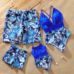 PatPat Family Matching Outfits Swimsuits Palm Leaves Print Blue One-piece Swimsuit