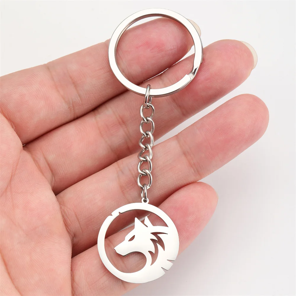 My Shape Punk Wolf Round Charm Keychain for Men Women Animal Pendent Key Ring Holder Male Stainless Steel Jewelry Gift Wholesale